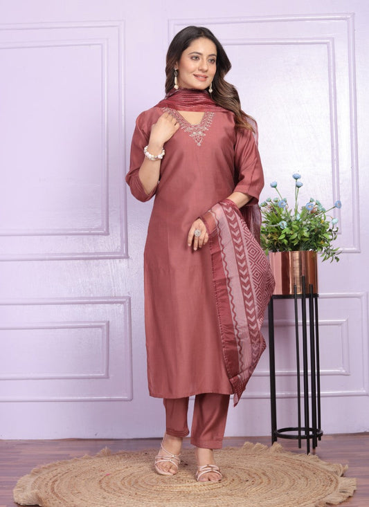 Maroon Silk Salwar Suit With Embroidery Work