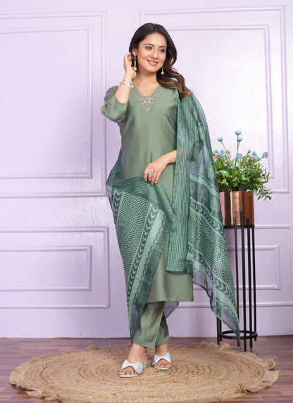 Green Silk Salwar Suit With Embroidery Work