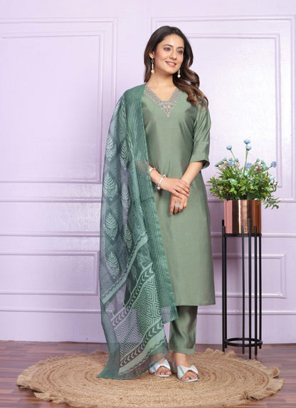 Green Silk Salwar Suit With Embroidery Work