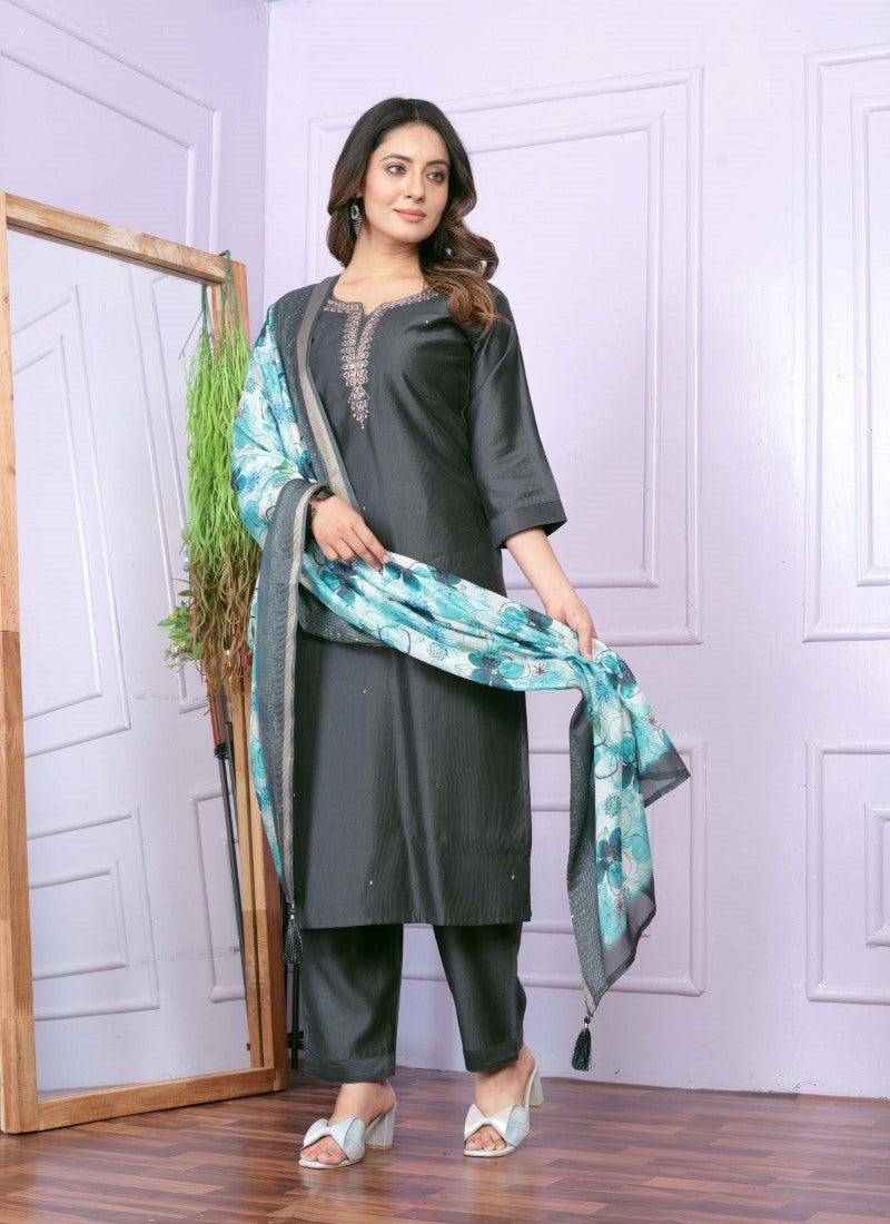 Black Silk Salwar Suit With Embroidery Work