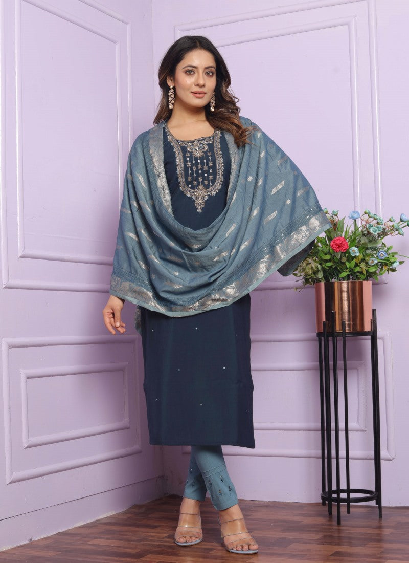 Blue Silk Salwar Suit With Embroidery Work