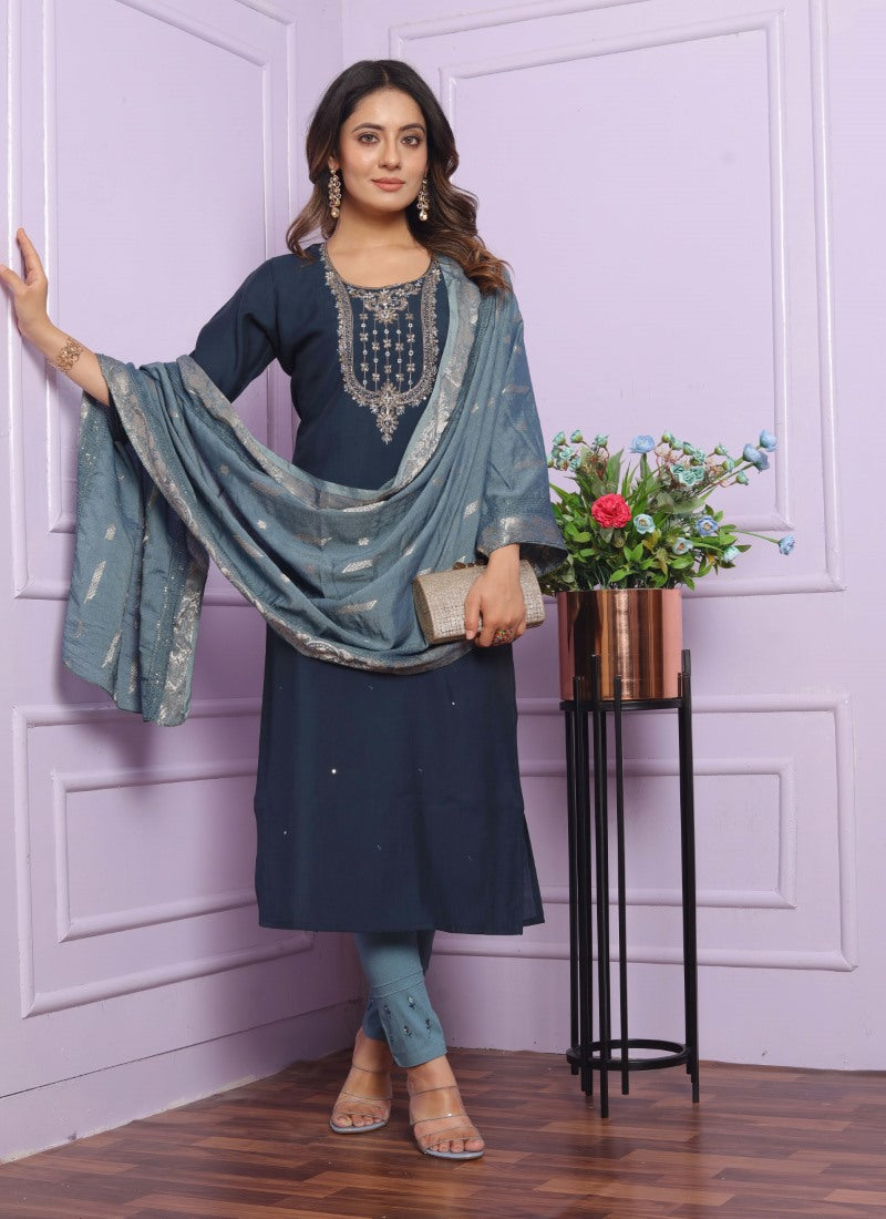 Blue Silk Salwar Suit With Embroidery Work-2