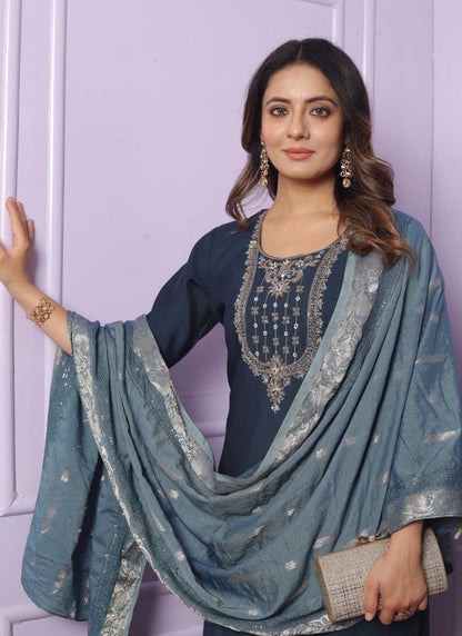 Blue Silk Salwar Suit With Embroidery Work