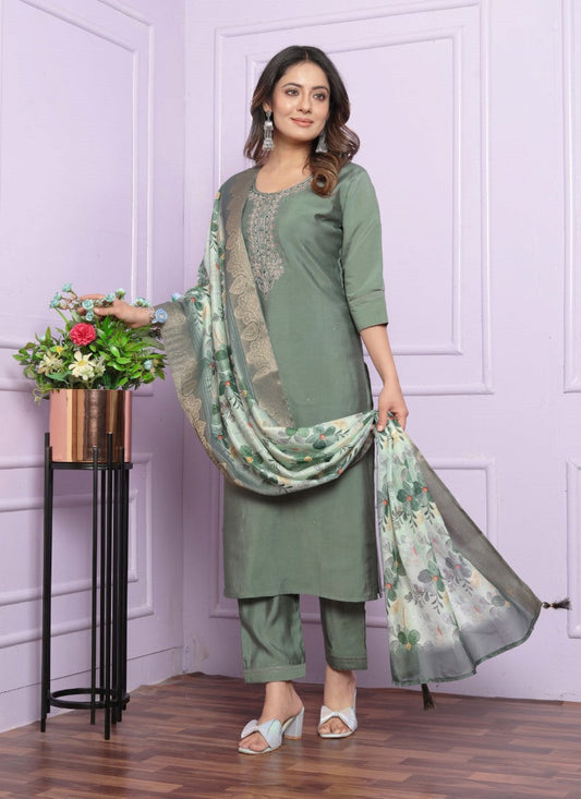 Light Green Silk Salwar Suit With Embroidery Work