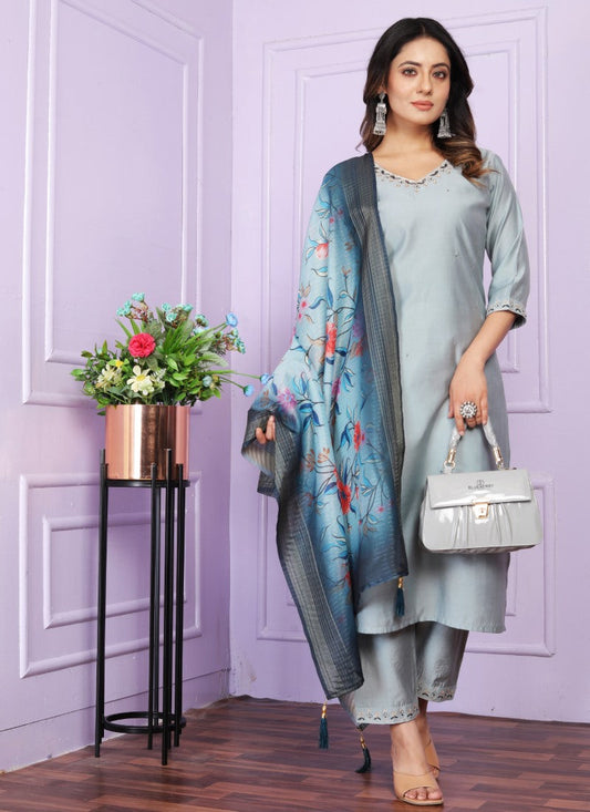 Sky Blue Silk Salwar Suit With Embroidery Work