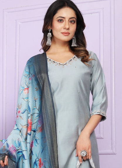 Sky Blue Silk Salwar Suit With Embroidery Work