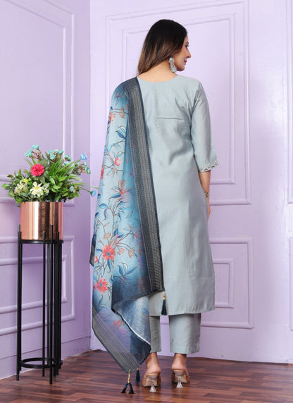 Sky Blue Silk Salwar Suit With Embroidery Work