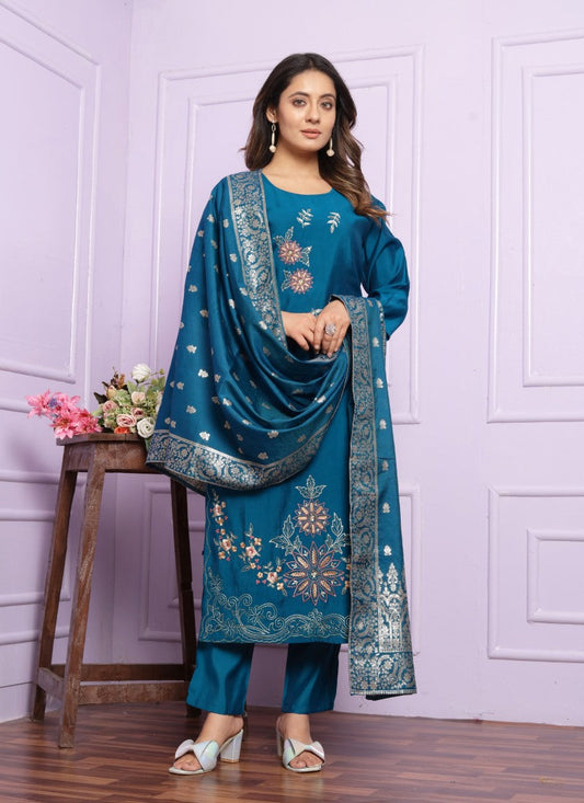 Teal Blue Silk Salwar Suit With Embroidery Work
