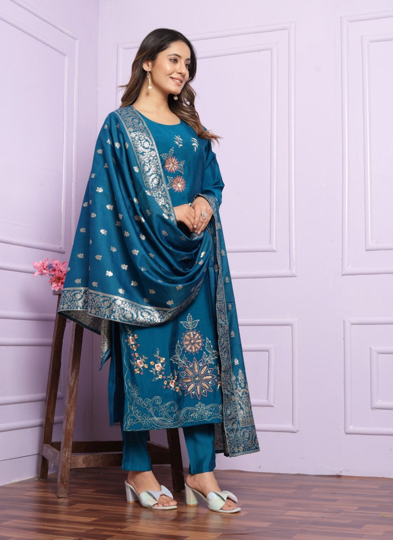 Teal Blue Silk Salwar Suit With Embroidery Work-2