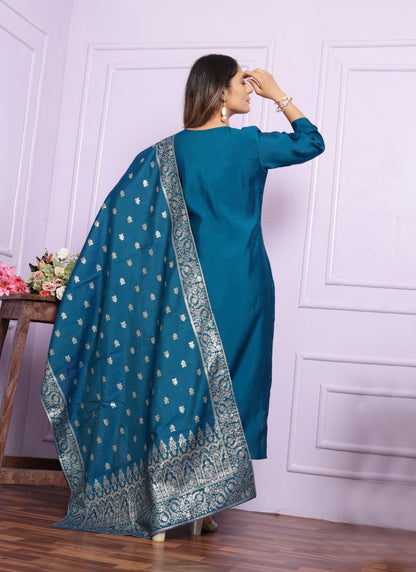 Teal Blue Silk Salwar Suit With Embroidery Work