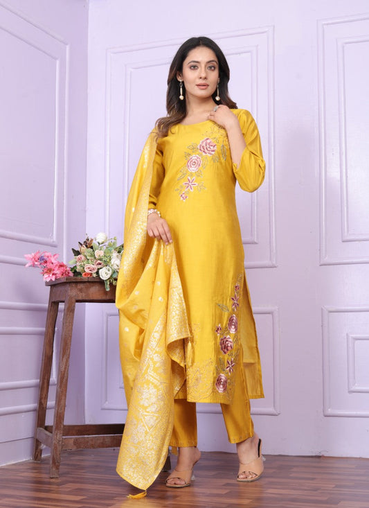 Yellow Silk Salwar Suit With Embroidery Work