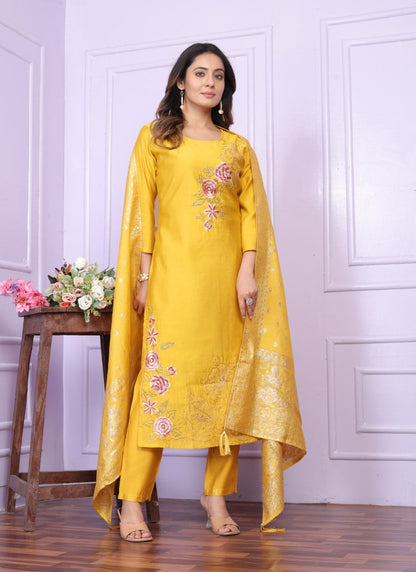 Yellow Silk Salwar Suit With Embroidery Work-2