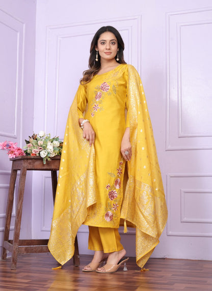 Yellow Silk Salwar Suit With Embroidery Work