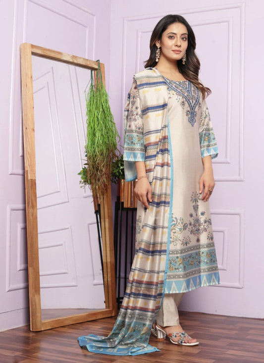 Cream Silk Salwar Suit With Embroidery Work