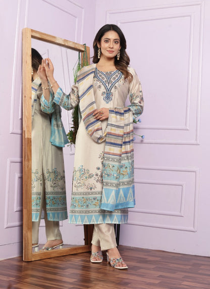 Cream Silk Salwar Suit With Embroidery Work