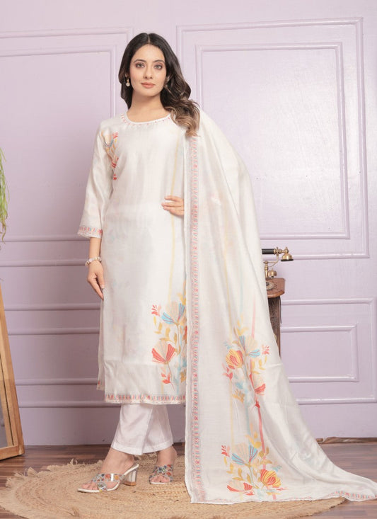 White Silk Salwar Suit With Embroidery Work