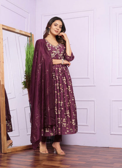 Purple Silk Nyra Cut Salwar Suit With Embroidery Work