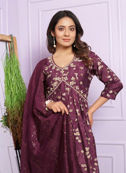 Purple Silk Nyra Cut Salwar Suit With Embroidery Work-2