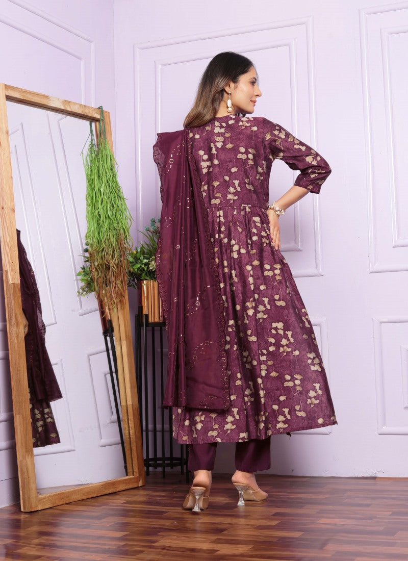 Purple Silk Nyra Cut Salwar Suit With Embroidery Work