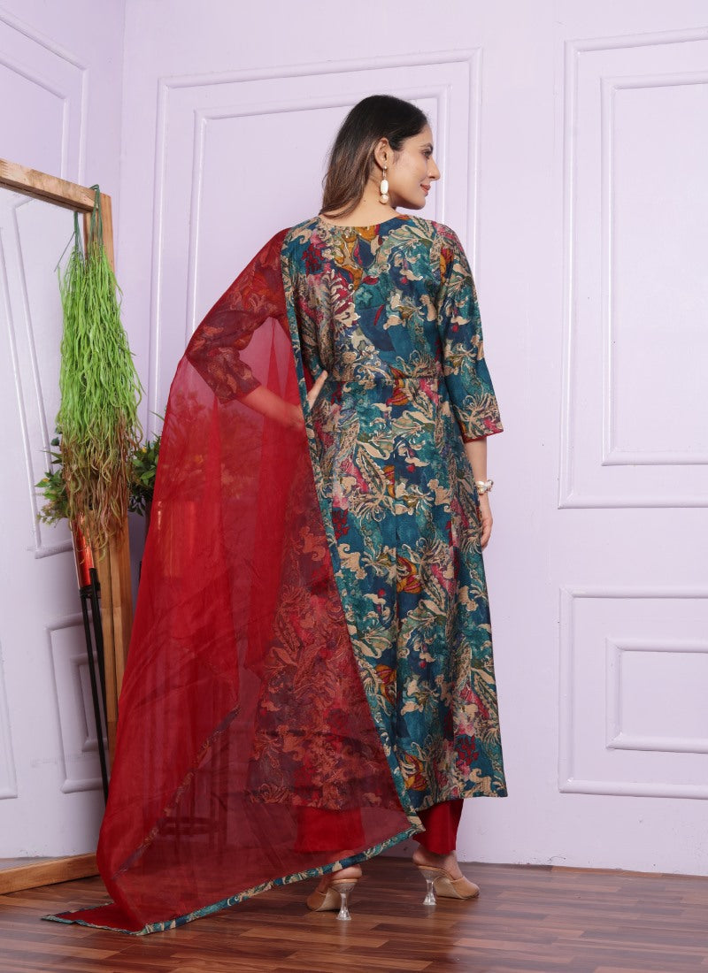 Green Silk Nyra Cut Salwar Suit With Embroidery Work