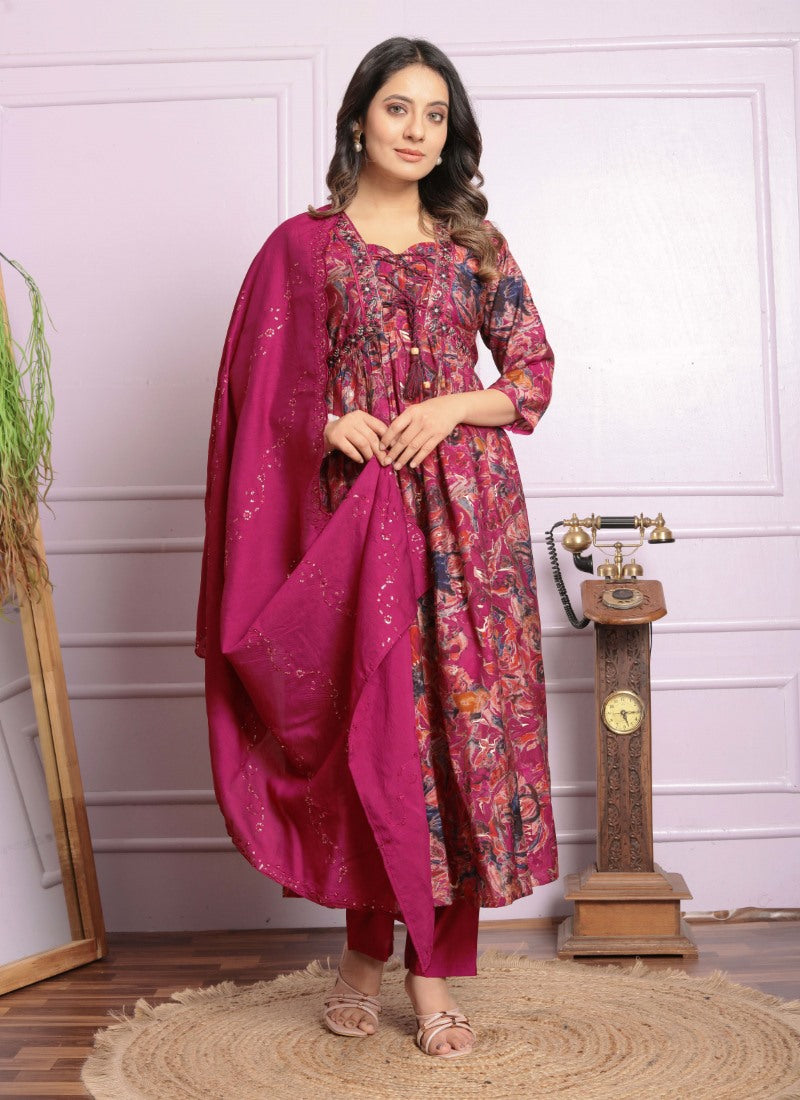 Maroon Cotton Nyra Cut Salwar Suit With Embroidery Work