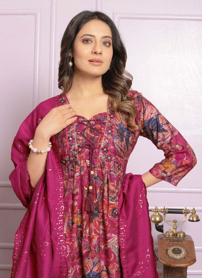 Maroon Cotton Nyra Cut Salwar Suit With Embroidery Work