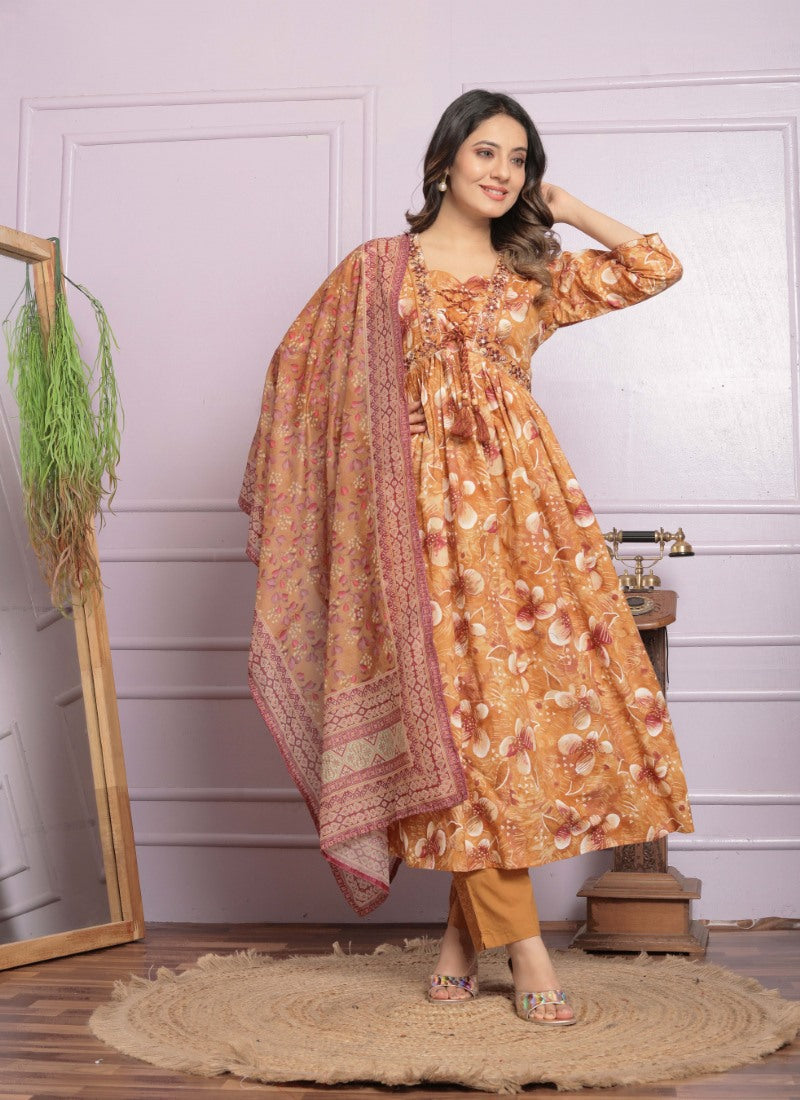 Orange Cotton Nyra Cut Salwar Suit With Embroidery Work