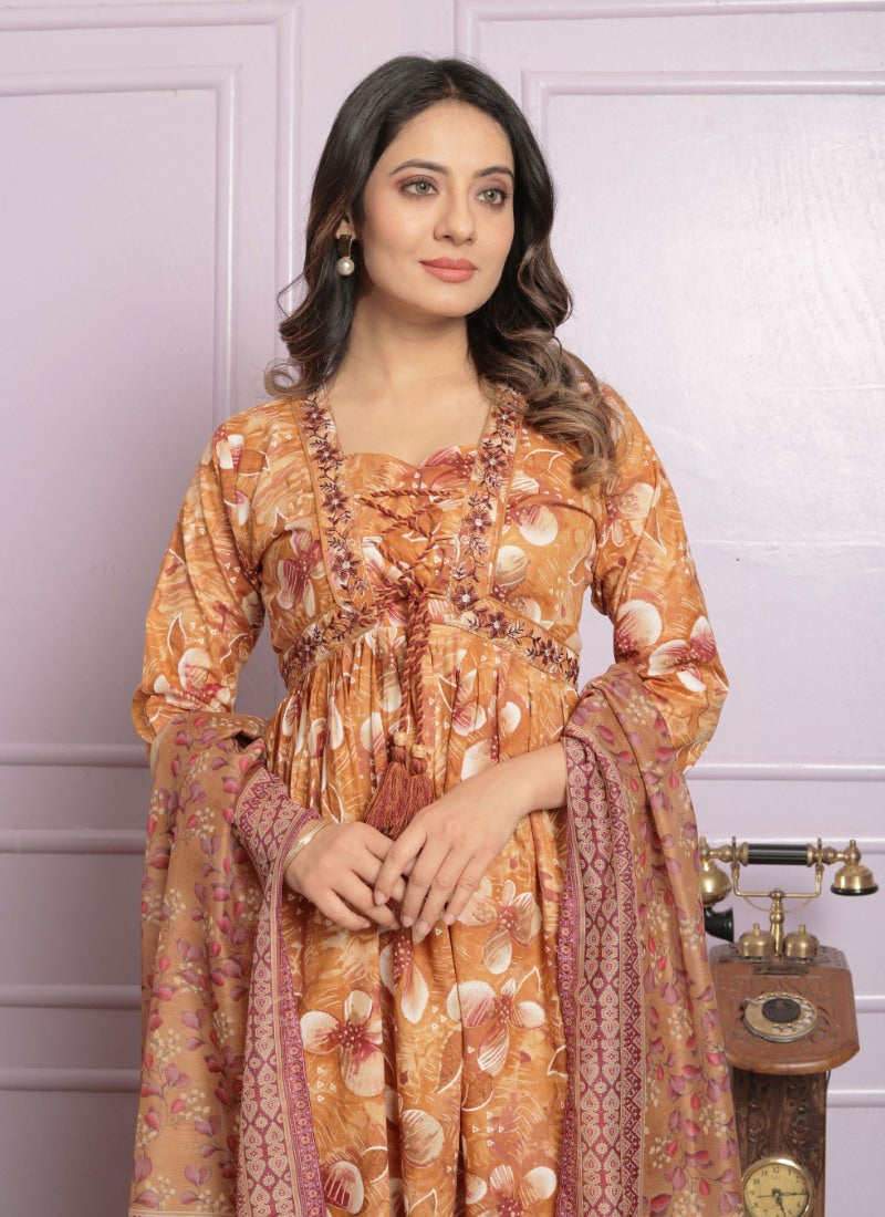 Orange Cotton Nyra Cut Salwar Suit With Embroidery Work-2