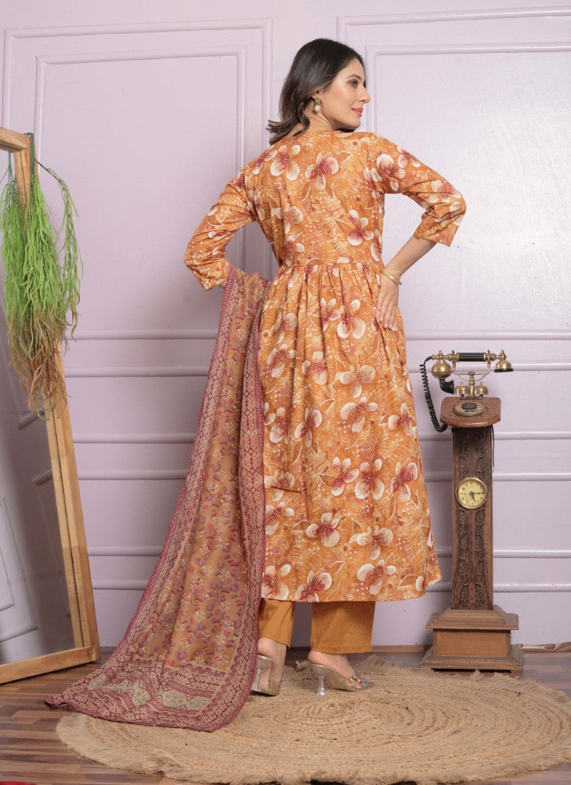 Orange Cotton Nyra Cut Salwar Suit With Embroidery Work