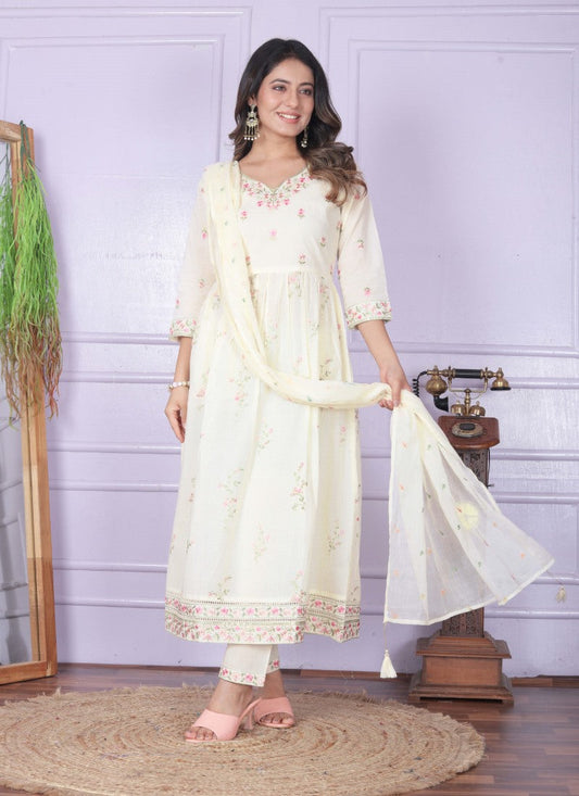 White Cotton Nyra Cut Salwar Suit With Embroidery Work