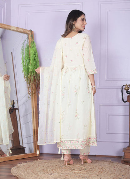 White Cotton Nyra Cut Salwar Suit With Embroidery Work