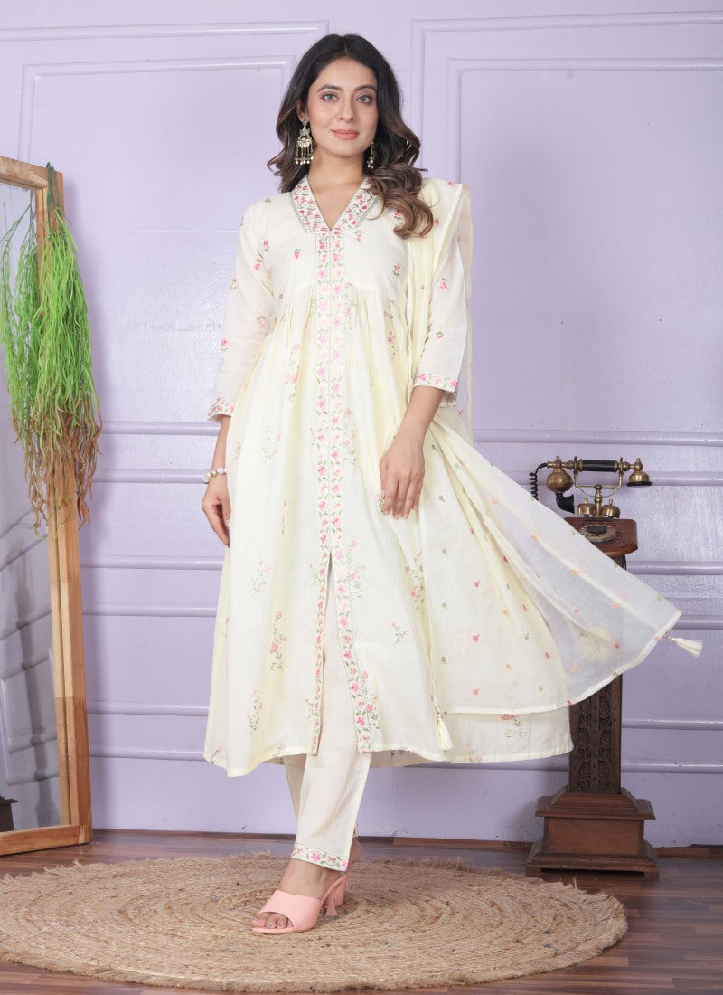 White Viscose Nyra Cut Salwar Suit With Embroidery Work