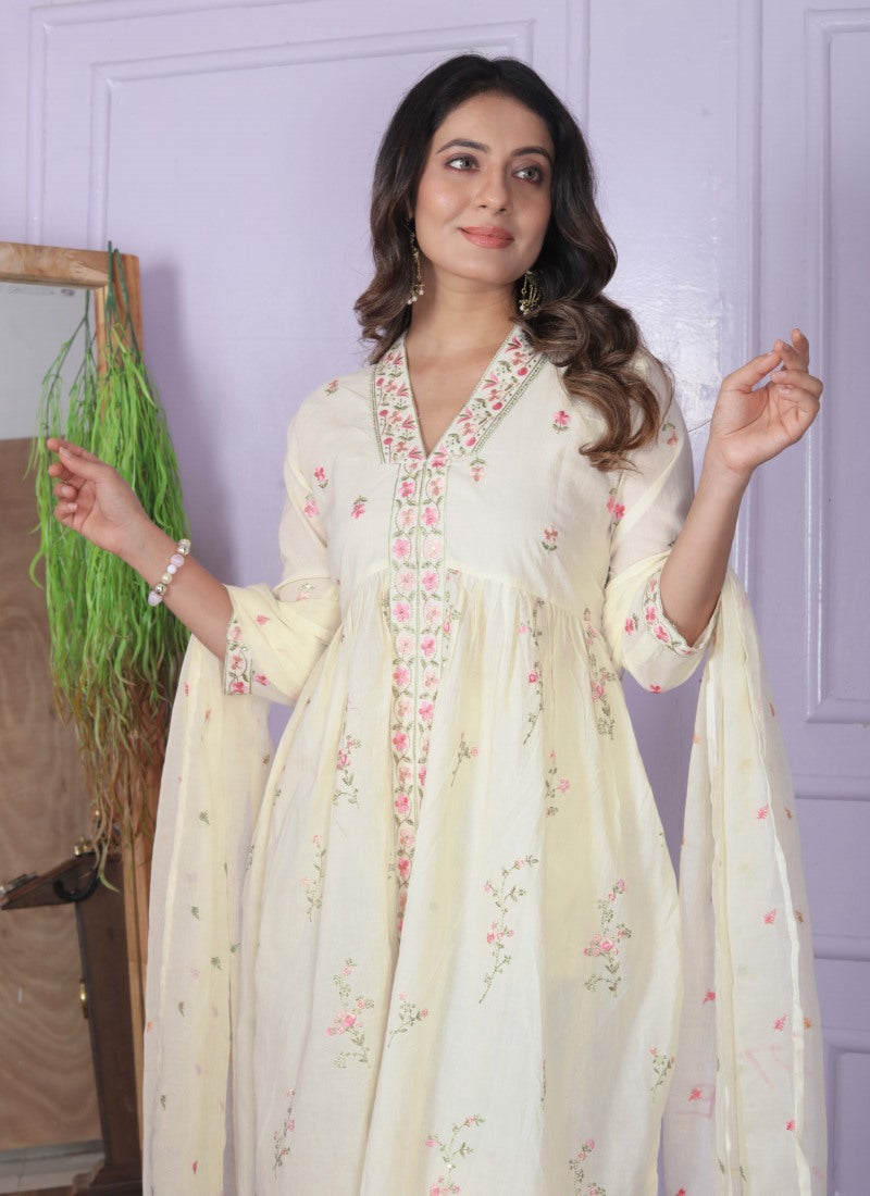 White Viscose Nyra Cut Salwar Suit With Embroidery Work-2