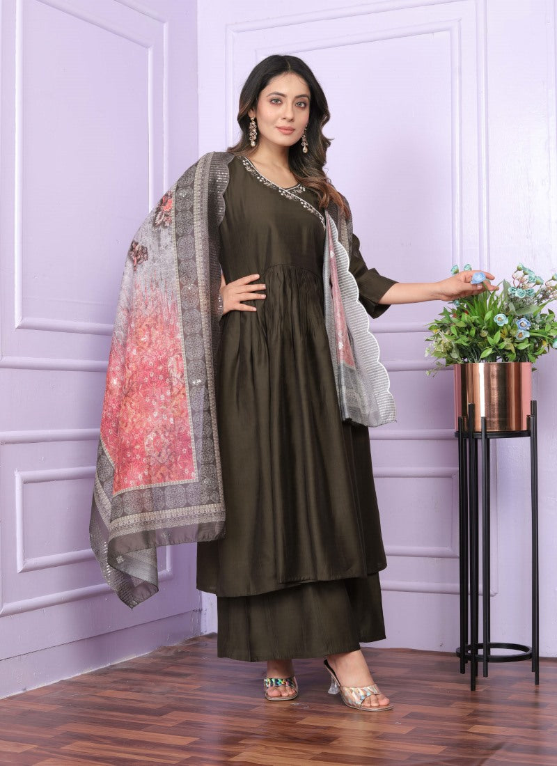 Olive Green Viscose Nyra Cut Salwar Suit With Embroidery Work