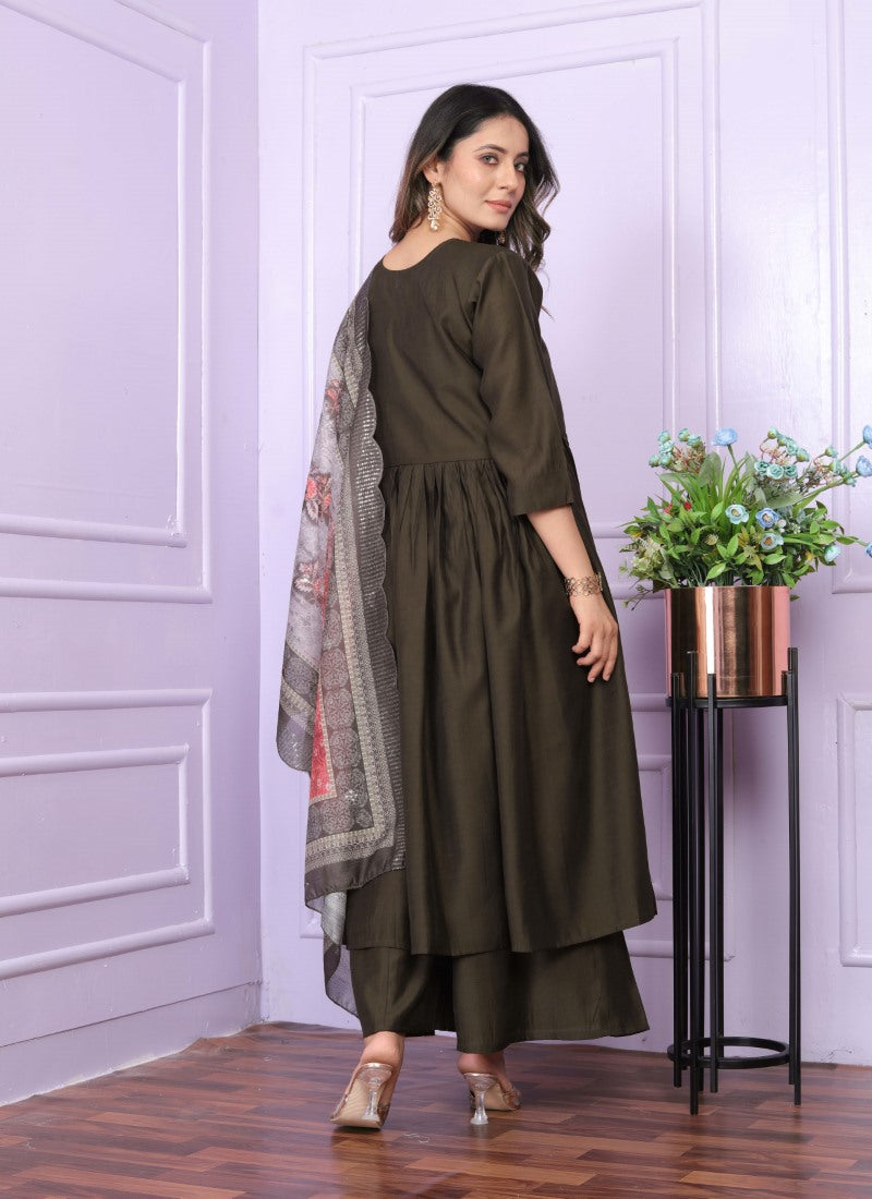 Olive Green Viscose Nyra Cut Salwar Suit With Embroidery Work-2