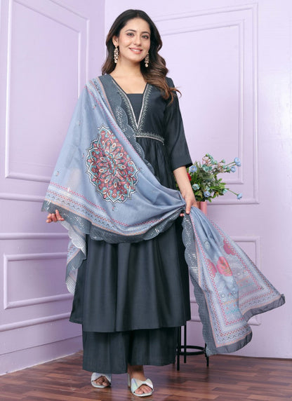 Gray Viscose Nyra Cut Salwar Suit With Embroidery Work