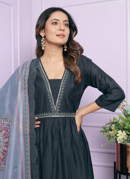 Gray Viscose Nyra Cut Salwar Suit With Embroidery Work-2