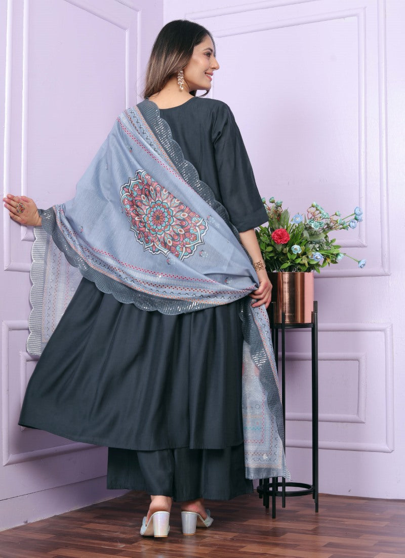 Gray Viscose Nyra Cut Salwar Suit With Embroidery Work