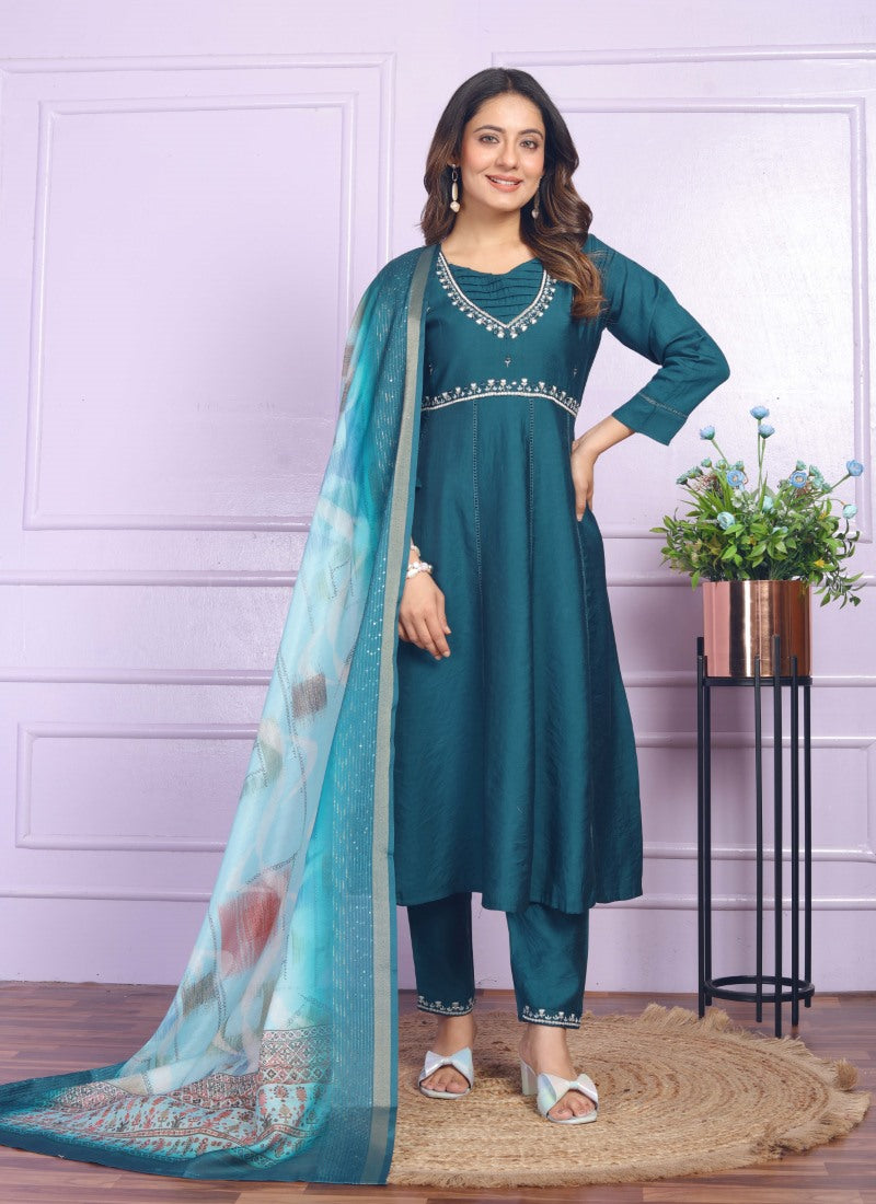 Teal Blue Viscose Nyra Cut Salwar Suit With Embroidery Work