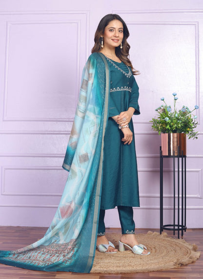 Teal Blue Viscose Nyra Cut Salwar Suit With Embroidery Work-2