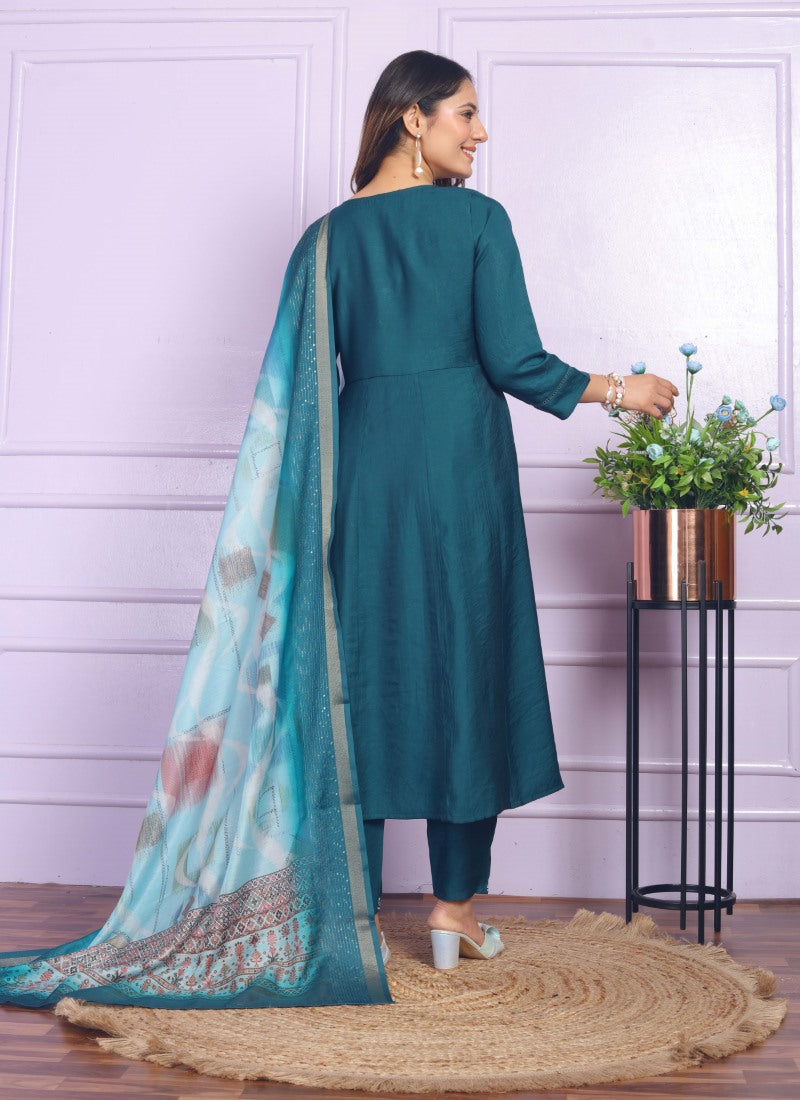 Teal Blue Viscose Nyra Cut Salwar Suit With Embroidery Work