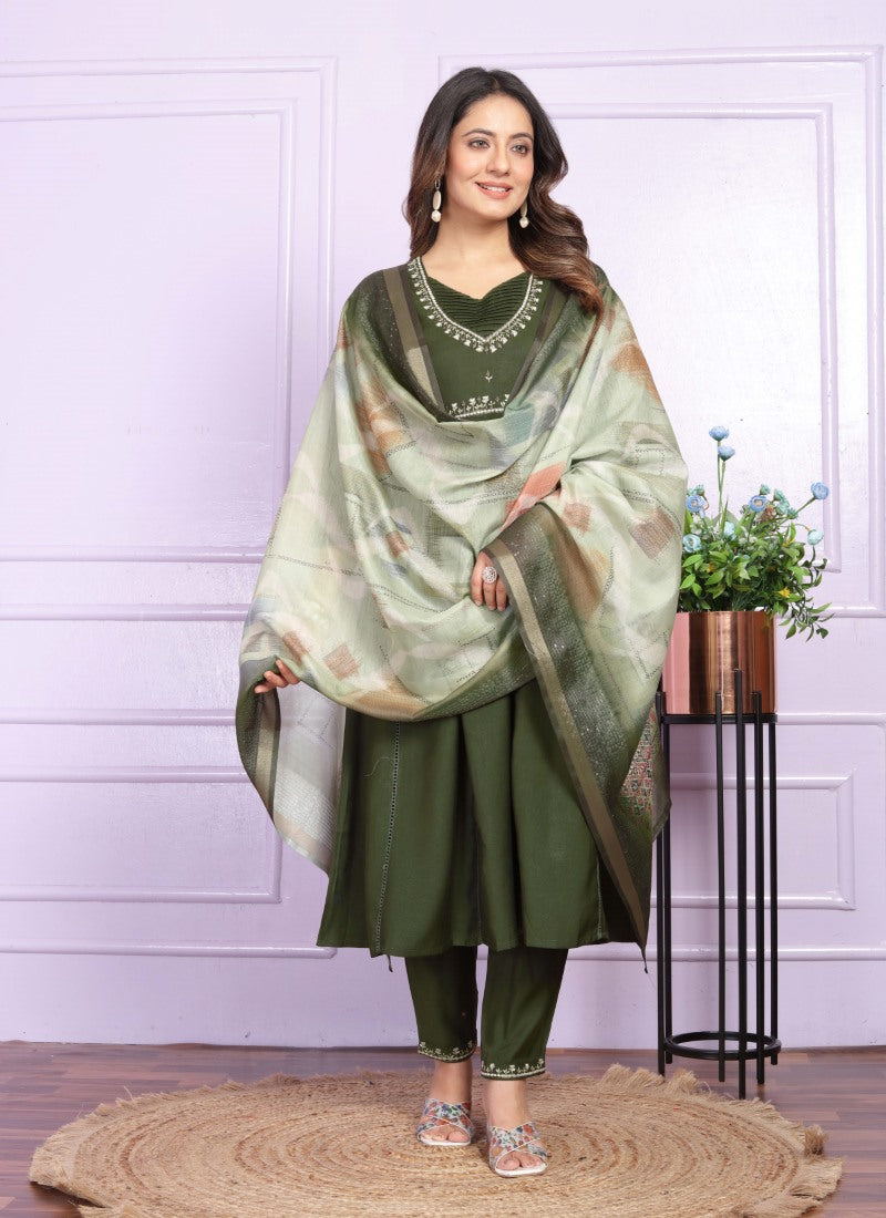 Olive Green Silk Nyra Cut Salwar Suit With Embroidery Work