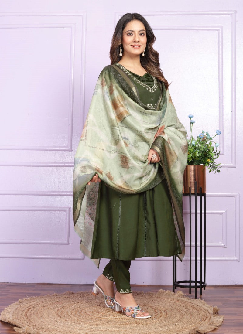 Olive Green Silk Nyra Cut Salwar Suit With Embroidery Work-2