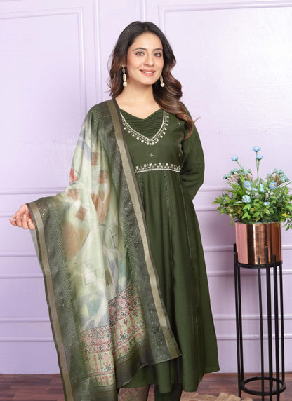 Olive Green Silk Nyra Cut Salwar Suit With Embroidery Work