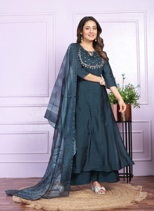 Teal Blue Silk Nyra Cut Salwar Suit With Embroidery Work