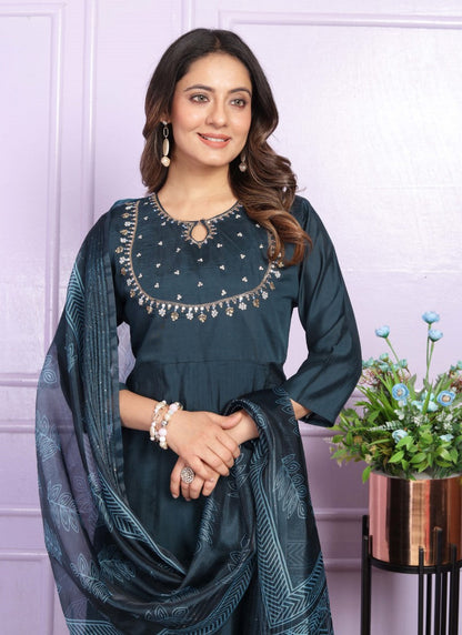 Teal Blue Silk Nyra Cut Salwar Suit With Embroidery Work-2