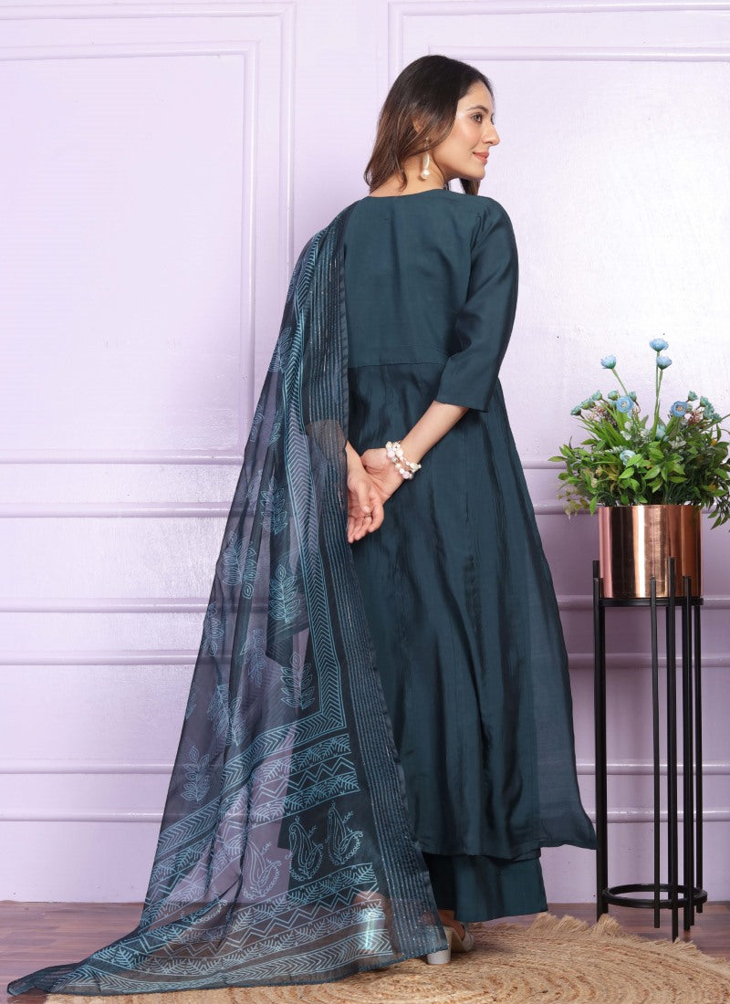 Teal Blue Silk Nyra Cut Salwar Suit With Embroidery Work