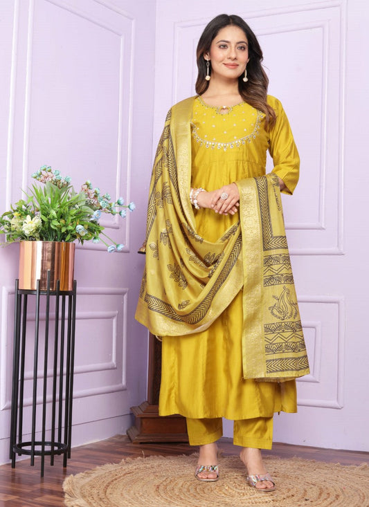 Yellow Silk Nyra Cut Salwar Suit With Embroidery Work