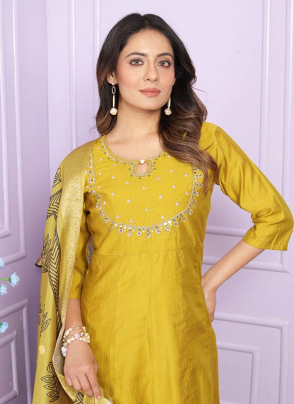 Yellow Silk Nyra Cut Salwar Suit With Embroidery Work-2