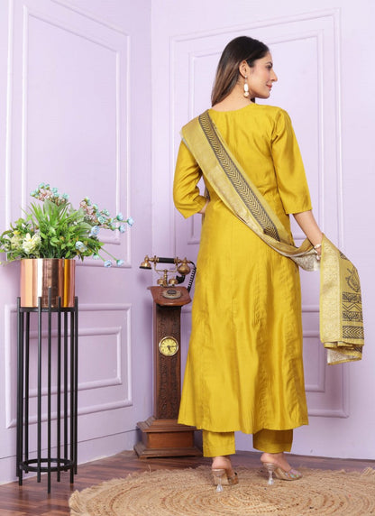 Yellow Silk Nyra Cut Salwar Suit With Embroidery Work